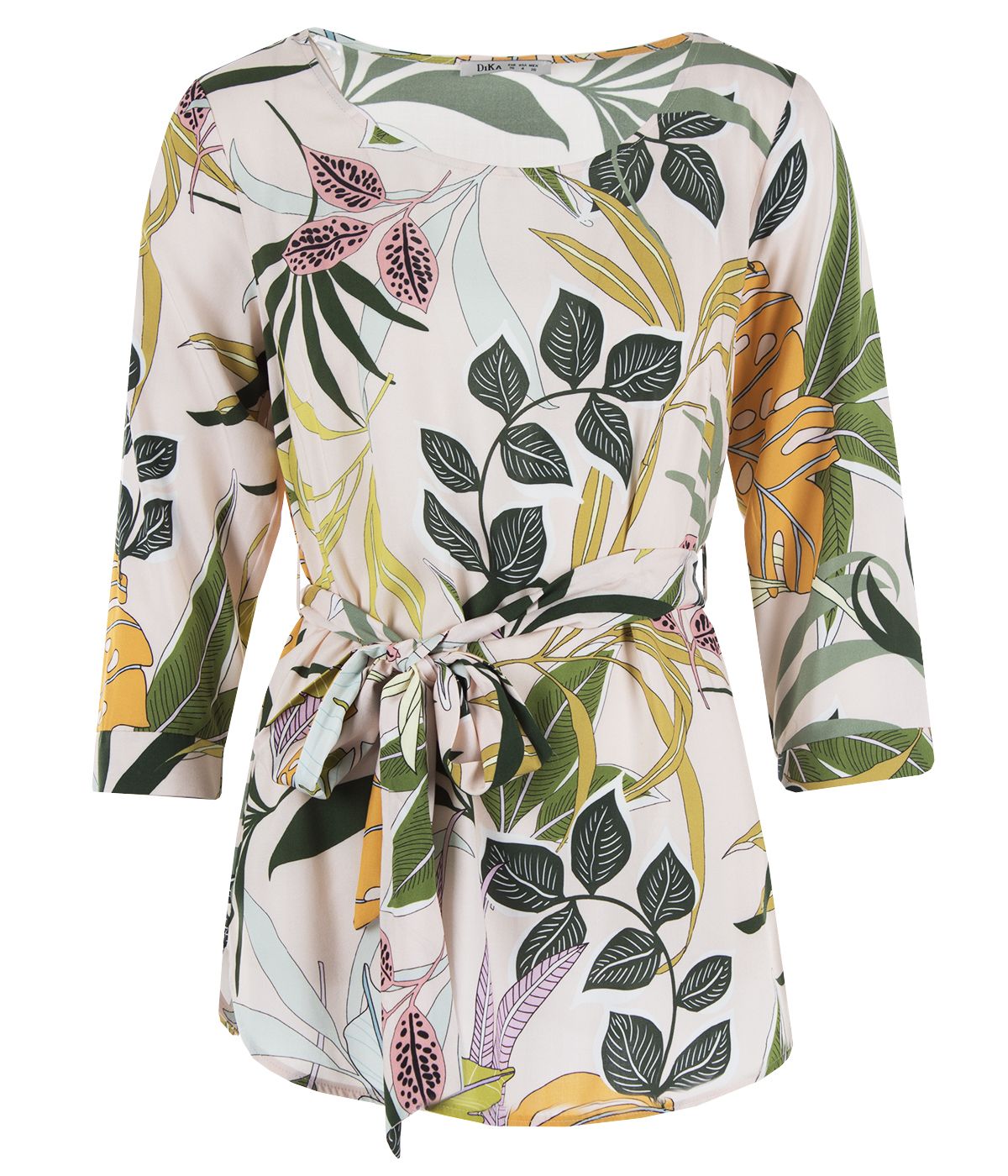 Viscose blouse with textile belt and tropical print 0